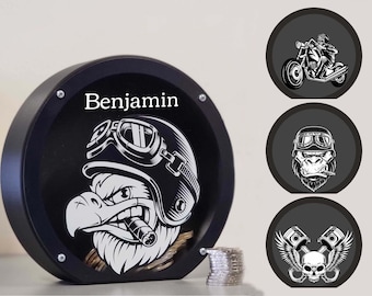 Motorcycle piggy bank for men, Custom biker gift for him, 3D printed black money box, Gift for motorcycle lover, Garage decor idea