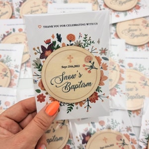 Floral baptism favors, Personalized refrigerator magnets, Autumn baptism favors