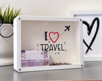 3D printed White piggy bank "I LOVE to TRAVEL", Travel fund, made of PLA plastic