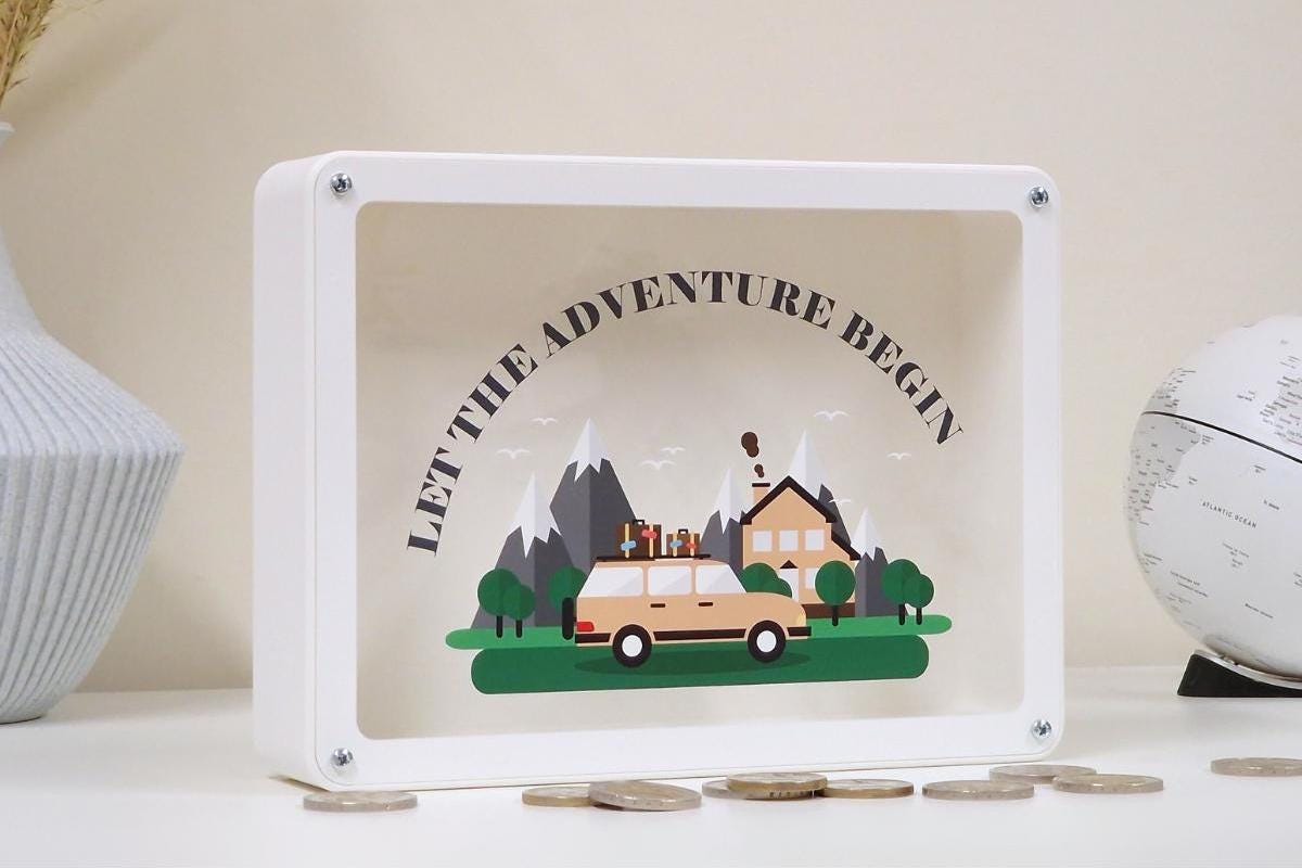 Piggy Bank with phrase Let the Adventure Begin, can be personalized with your text, Family vacation fund - Perfect adventure lover gift!