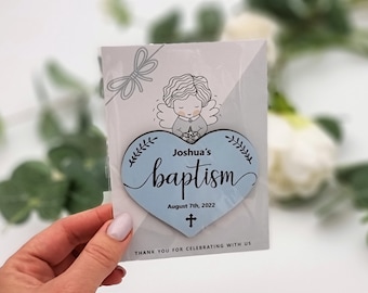 Aimants de baptême en forme de coeur, cadeau de remerciement pour les invités, cadeaux de baptême pour garçons