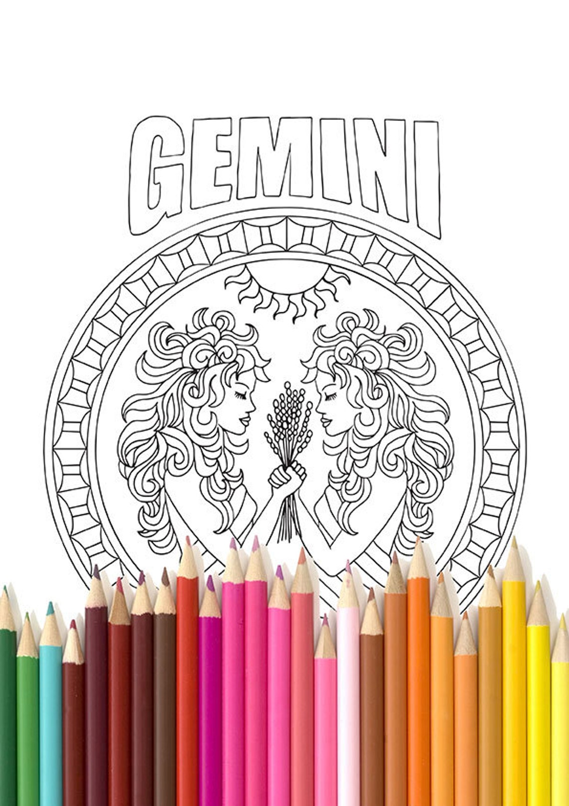 Adult Coloring Page Zodiac Gemini | Etsy