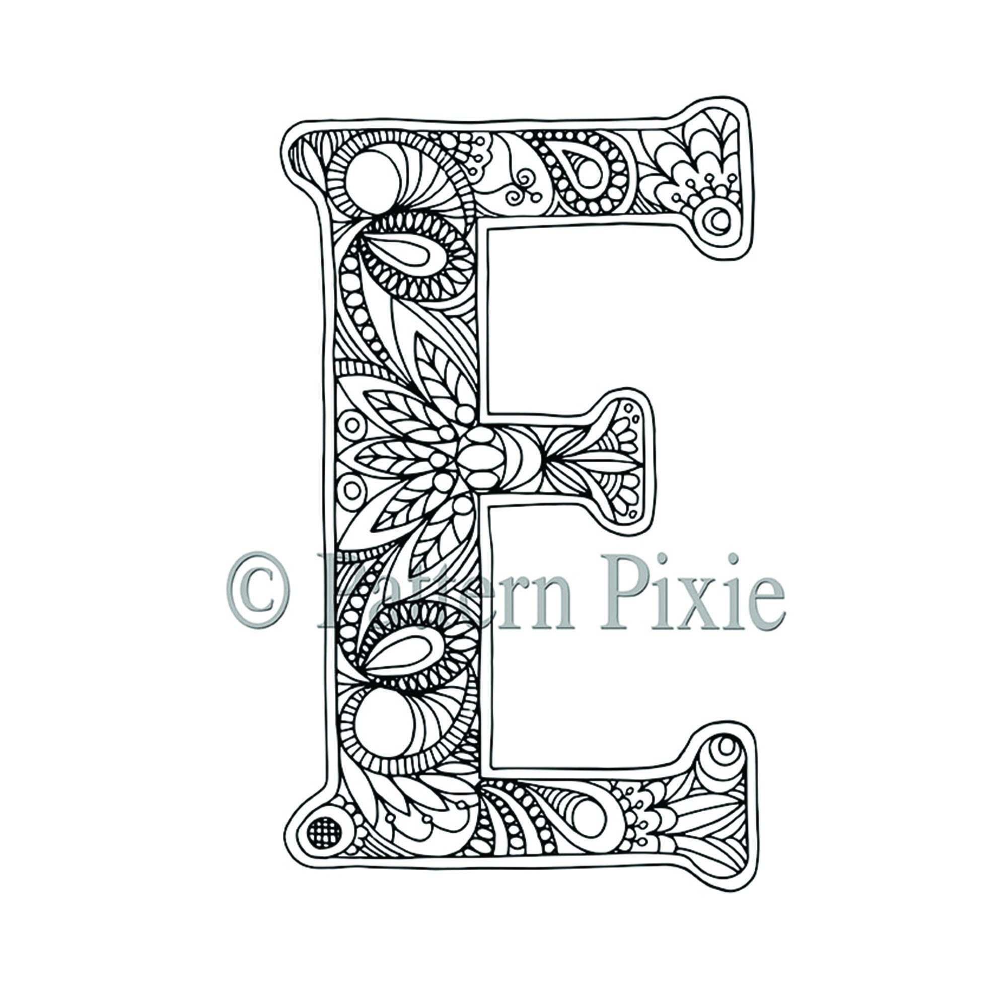 Alphabet Colouring Page for Adults, Colouring Page for Digital Download, Letter E Print, Monogram Designer Letters, Gift Idea for Women