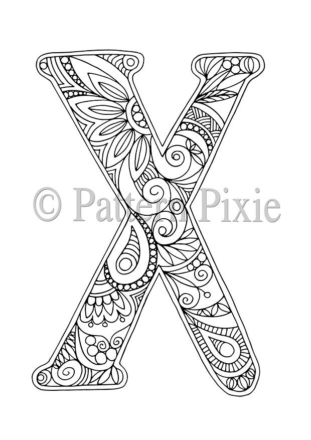 adult colouring page alphabet letter x etsy