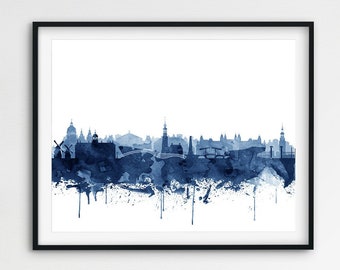 Wydruk panoramy Amsterdamu, Akwarela Amsterdamu Granatowy, Amsterdam Holandia Krajobraz miejski, Plakat, Nowoczesna sztuka ścienna, Wystrój domu, Sztuka do druku