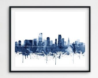 Wydruk Miami Skyline, Sztuka ścienna Miami, Miami Florida Cityscape, Akwarela Miami Navy Blue, Plakat Miami, Sztuka Miami, Wystrój wnętrz, Sztuka do druku
