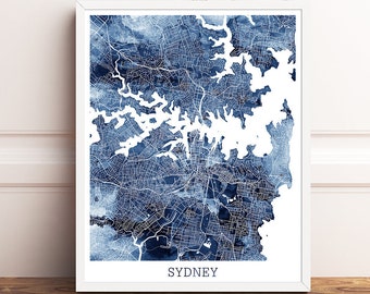 Wydruk mapy Sydney, wydruk mapy ulic miasta Sydney, plakat z mapą miejską Sydney, akwarela Sydney Blue, nowoczesna sztuka ścienna, wystrój domu, sztuka do druku