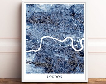 London Urban Map Print, London City Street Map Poster, London England Watercolor Blue, London UK Wall Art, Poster, Home Decor, Printable Art
