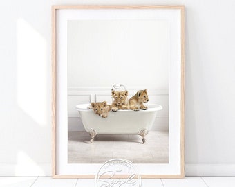 Three Baby Lions in a Bathtub Printable Art, Lion Cubs Taking Bath, Safari Animals, Whimsy Animal, Bathroom Art, Washroom Wall Art, Synplus