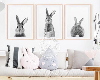 Bunny Rabbit Print, Set of 3 Bunny Prints, Nursery Decor, Bunny Butt Tail, Black & White Baby Animals, Nursery Wall Art, Kids Printable Art