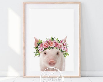 Baby Pig Print, Piglet Flower Crown, Nursery Pig Wall Art, Pink Roses, Baby Girls Bedroom Decor, Farm Animal Prints, Synplus, Printable Art