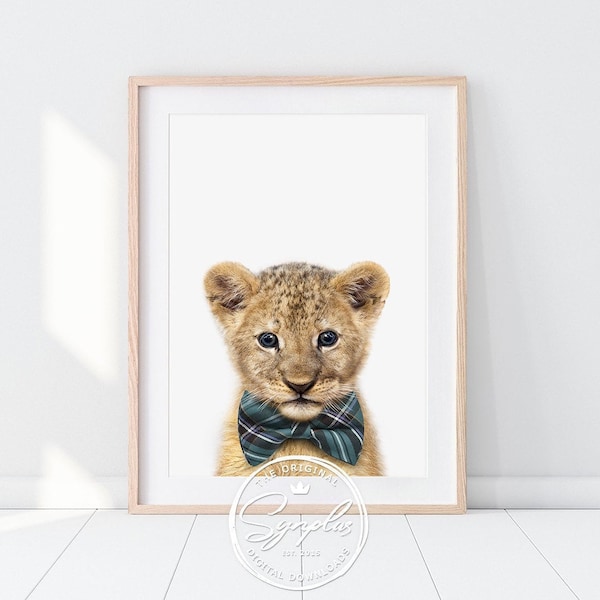 Baby Lion with Bow Tie Print, Baby Animals & Bow Ties, Safari Nursery Decor, Baby Boy Nursery Wall Art, Kids Room Art, Synplus Printable Art