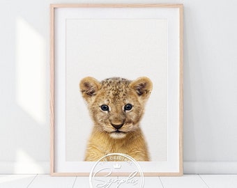 Impresión de león, arte del cachorro de león, impresión de animales bebés, impresiones de animales de safari, arte de la pared del vivero, arte del animal del bebé, decoración del vivero, arte imprimible para niños