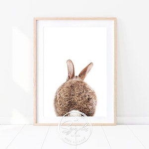 Könnte beinhalten: Ein braunes Kaninchen mit dem Rücken zur Kamera, nur seine Ohren sind sichtbar. Das Kaninchen ist vor einem weißen Hintergrund.