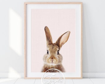 Rabbit Print, Brown Bunny Print, Pink Nursery Wall Art, Woodland Nursery Decor, Baby Animals Art, Baby Girl Nursery Art, Girls Printable Art