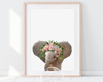 Baby Elefant Print, Blumenkrone, Kinderzimmer Tiere, Safari Baby Tiere, MädchenZimmer Dekor, Kinderzimmer Wandkunst, druckbare Kunst, Synplus