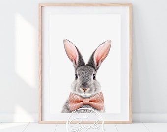 Bunny Rabbit With Bow Tie Print, Baby Animals Bow Ties, Woodland Nursery Decor, Baby Boy, Nursery Wall Art, Kids Room Printable Art, Synplus