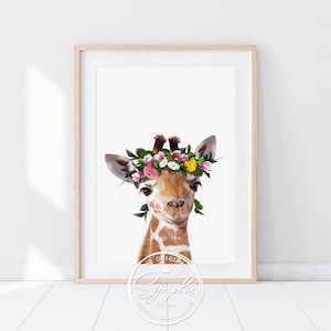 Baby Giraffe Print, Flower Crown, Safari Nursery Decor, Baby Animals, Nursery Animal Prints, Nursery Art, Girls Room Printable Art, Synplus
