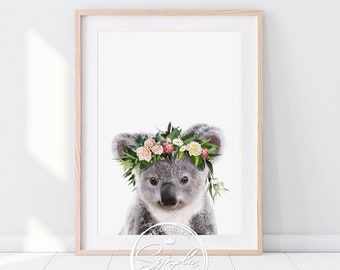 Baby Koala Print, Flower Crown, Nursery Decor, Australian Baby Animals, Nursery Wall Art, Girls Room Decor, Baby Girl Printable Art, Synplus