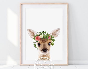 Baby Deer Print, Deer With Flower Crown, Woodland Nursery Decor, Baby Animal Prints, Nursery Wall Art, Baby Girl Printable Art, Synplus Art
