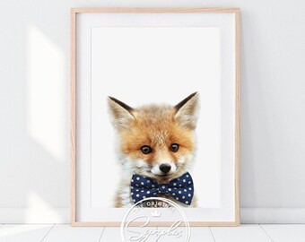 Baby Fox con stampa papillon, cuccioli di animali con papillon, decorazione per vivai boschivi, bambino, arte murale della stanza dei bambini per bambini, arte stampabile Synplus
