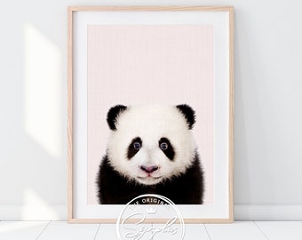 Impresión de panda bebé, arte del oso panda, arte de la pared del vivero rosa rubor, decoración del vivero del bosque, arte de los animales del bebé, decoración de la habitación de la niña, arte imprimible
