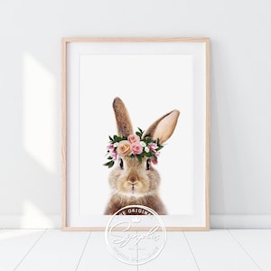 Bunny Rabbit Print, Rabbit Flower Crown, Nursery Wall Art, Animal Prints, Baby Animals, Baby Girl, Girls Room Decor, Printable Art, Synplus