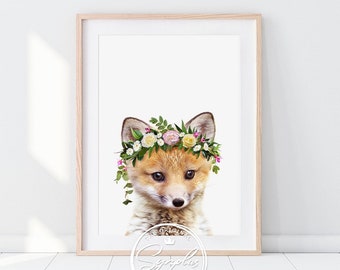 Baby Fox Print, Fox Flower Crown, Woodland Nursery Decor, Baby Animals, Nursery Wall Art, Girls Room Decor, Baby Girl Printable Art, Synplus
