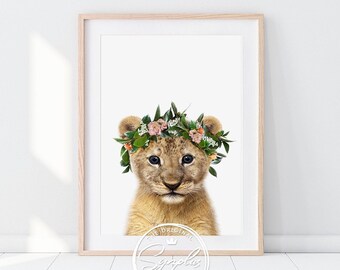 Baby Lion Print, Flower Crown, Wreath, Nursery Animal Prints, Baby Animals, Safari Nursery, Girls Room Decor, Nursery Printable Art, Synplus