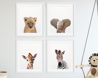 Safari Nursery Decor, Baby Animals Set 4, Lion Zebra Elephant Giraffe, Nursery Prints, Nursery Art, Safari Animals, Modern Nursery Printable