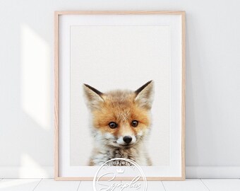 Impresión de zorro, arte de cachorro de zorro, impresión de animales bebés, impresiones de animales del bosque, arte de la pared de la guardería, impresiones de animales bebés, decoración de la guardería, arte imprimible para niños