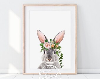 Bunny Rabbit Print, Rabbit Flower Crown, Nursery Wall Art, Synplus, Baby animals, Girls Nursery Art, Girls Room Decor, Floral, Printable Art