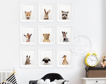 Nursery Animals Prints, Baby Animals Set 9, Nursery Decor, Woodland Animal Print, Safari Animal, Cute Baby Animals, Kids Room Printable Art