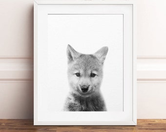 Wolf Print, Wolf Cub Art, Baby Animals Print, Woodland Nursery Art, Black & White, Baby Animal Prints, Nursery Decor, Kids Printable Art