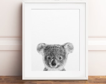 Decoración de guardería, impresión de koala bebé, arte del oso koala, animales australianos, arte de la pared de la guardería, blanco y negro, impresiones de animales bebés, arte imprimible para niños