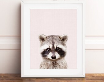 アライグマのプリント、森の子供部屋の装飾、赤ちゃんの動物、ブラッシュピンクの装飾、女の子の子供部屋のプリント、ピンクの子供部屋のウォールアート、女の子の部屋の印刷可能なアート