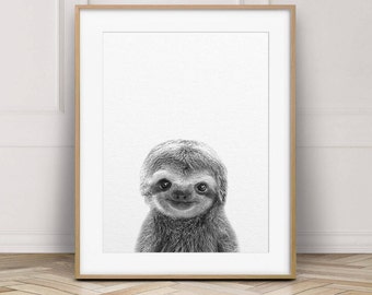 Baby Sloth Print, Nursery Decor, Baby Animal Prints, Black & White Animal Art, Cute Baby Animals, Nursery Wall Art, Kids Room Printable Art