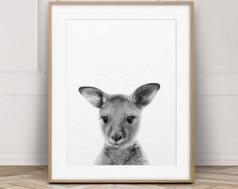 Baby Kangaroo Print, Cute Kangaroo Art, Nursery Wall Art, Australian Animal, Black & White Animal Prints, Nursery Decor, Kids Room Printable