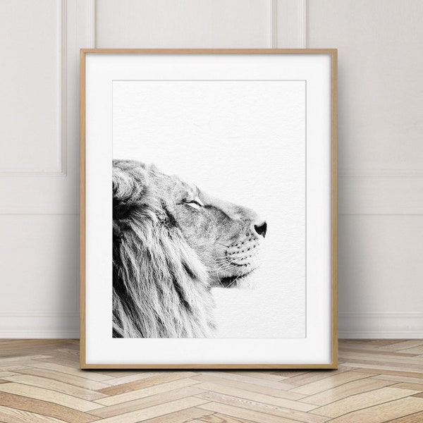 Impresión de león, arte de la pared del león, animal africano safari, foto del león, impresión animal en blanco y negro, arte moderno de la pared, decoración del vivero, arte imprimible