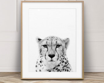 Gepard Print, Gepard Wandkunst, Gepard Foto, Safari afrikanisches Tier, Safari Tiere schwarz & weiß, Kinderzimmer Dekor, Kinderzimmer druckbare Kunst