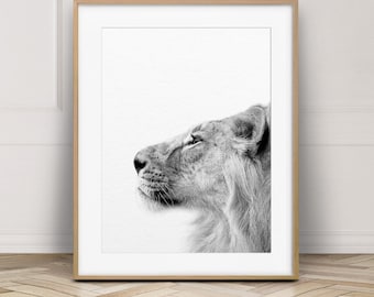 Lion Print, Safari Decor, African Animal, Lion Wall Art, Lion Photo, Black White Animals, Animal Art, Nursery Decor, Kids Room Printable Art