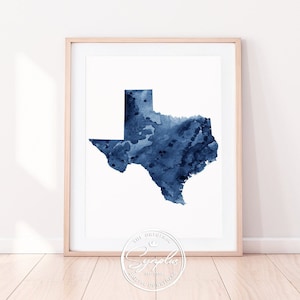 Stampa del Texas, arte della mappa dello stato del Texas, arte della parete degli Stati Uniti del Texas, blu dell&#39;acquerello del Texas, pittura astratta, arredamento moderno per l&#39;ufficio domestico, regalo, arte stampabile