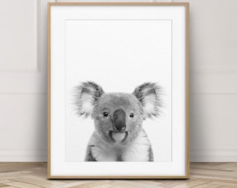Koala Print, Koala Bear Wall Art, Nursery Decor, Animal Prints, Australian Animal, Black & White Nursery Animals, Kids Room Printable Art
