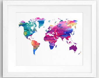 World Map Print, World Map Watercolor Art, World Map Wall Art, Watercolor Blue Green Pink, Modern Wall Art, Home Office Decor, Printable Art