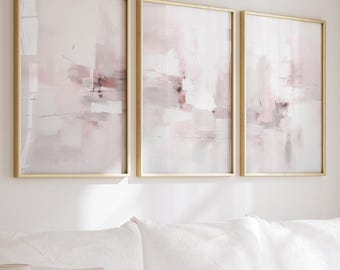 Neutral abstrakt set med 3 tryck, mjukrosa och grå penseldragskonst, minimalistisk modern flickrumsbarnrum sovrumsväggdekor, utskrivbar konst