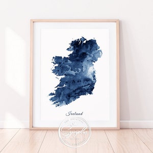 Ireland Map Print, Ireland Wall Art, Ireland Watercolor Blue, Ireland Map Watercolor Print, Home Office Decor, Travel, Modern, Printable Art image 1