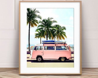 Beach Print, Pink Combi Van, Retro VW Camper, Boho Decor, California Beach Poster, Coastal Tropical Wall Art, Surfboards, Girl Printable Art