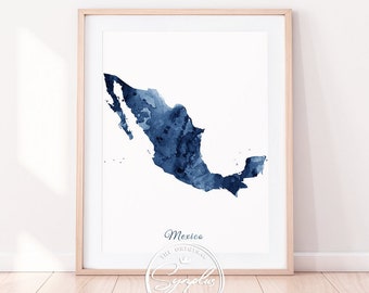 Mexico Map Print, Mexico Wall Art, Mexico Watercolor Deep Blue, Mexico Map Watercolor Art, Home Office Decor, Travel, Modern, Printable Art
