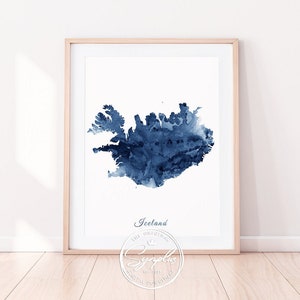 Impression de carte d’Islande, Art mural d’Islande, bleu aquarelle d’Islande, impression d’aquarelle de carte d’Islande, décor de bureau à domicile, pays de voyage, art imprimable