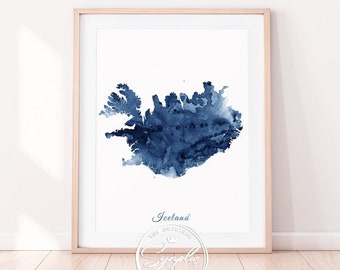 Iceland Map Print, Iceland Wall Art, Iceland Watercolor Blue, Iceland Map Watercolor Print, Home Office Decor, Travel Country, Printable Art